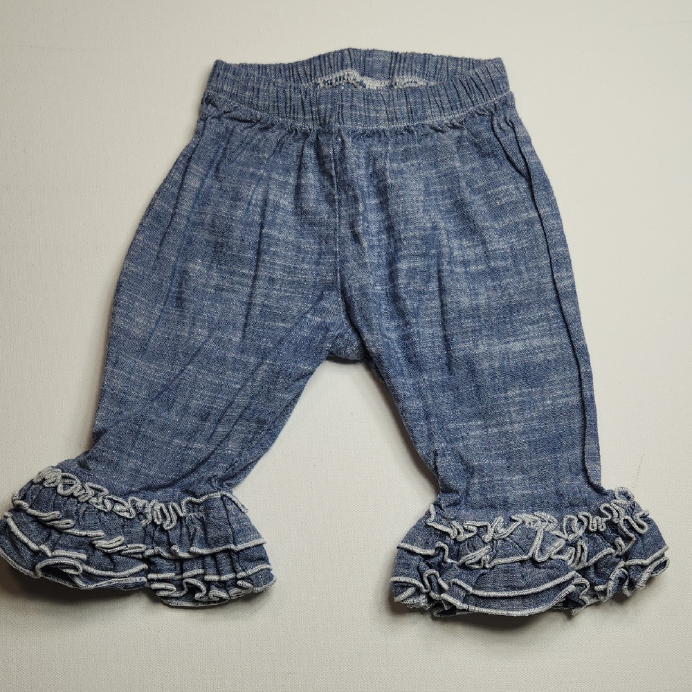 Cheeky Plum Ruffle Pants 12-18 Months | Denim-Look Boutique Cotton | EUC